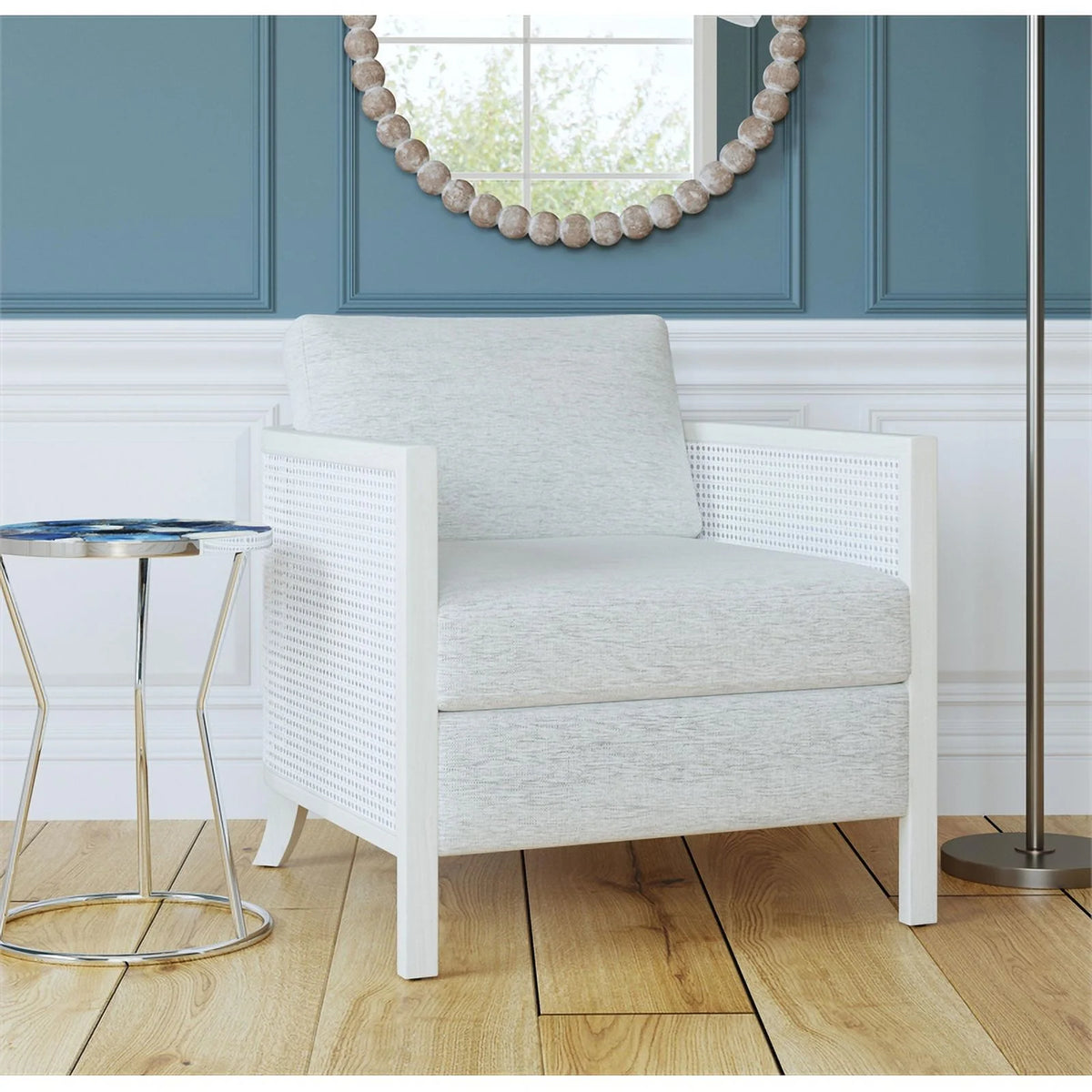 Hand Brushed White Wood and Fabric Accent Chair B1785