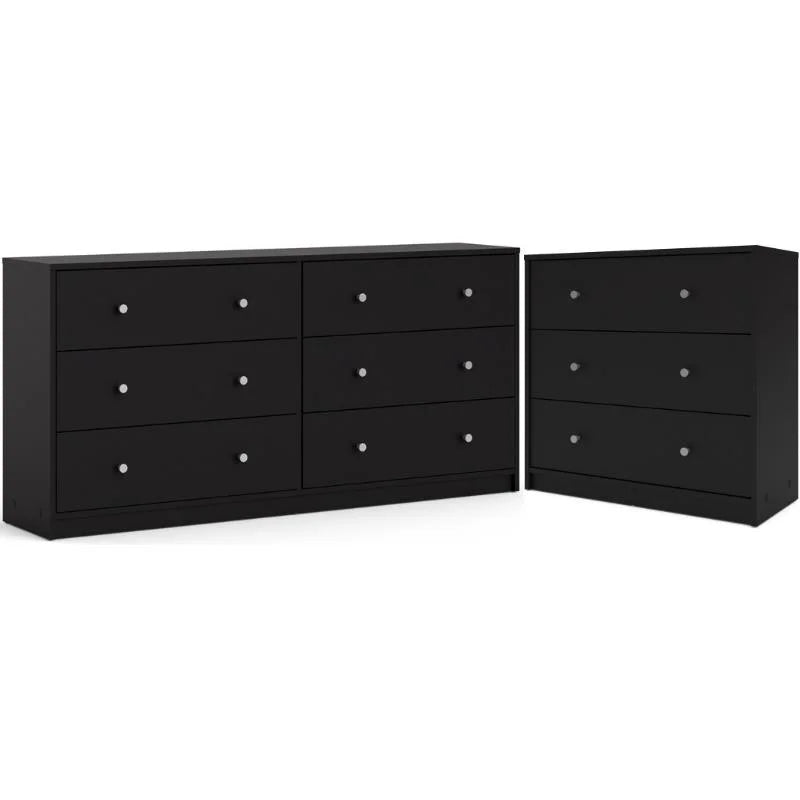 2 Piece 3 Drawer Chest and 6 Drawer Double Dresser in Black M237