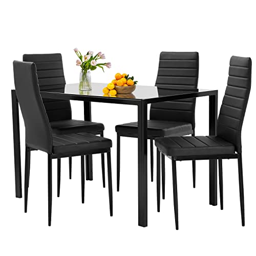 5-Piece Glass Dining Table Set with 4 Upholstered Chairs D7217