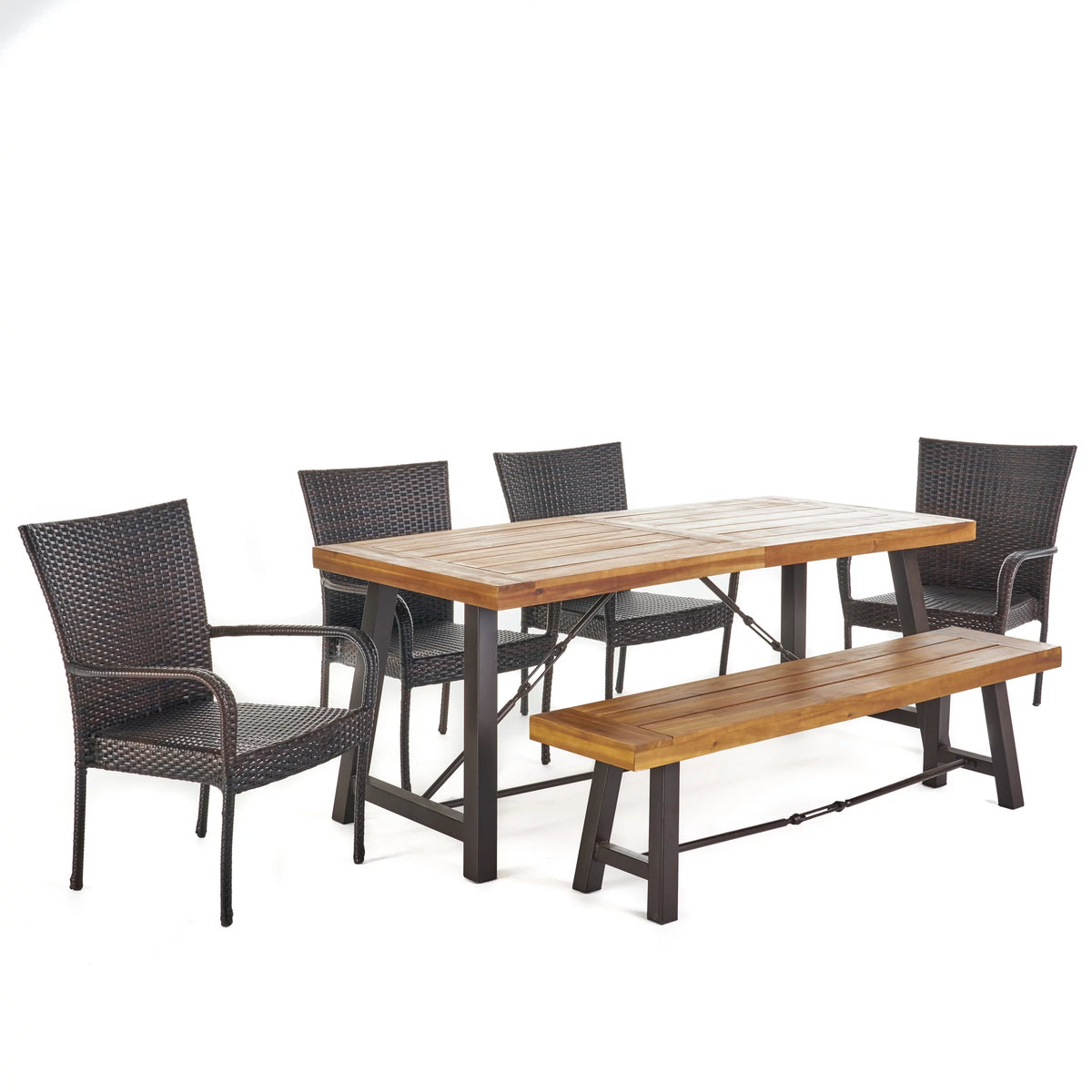6-Piece Acacia Wood Dining Set with Wicker Stacking Chairs F384