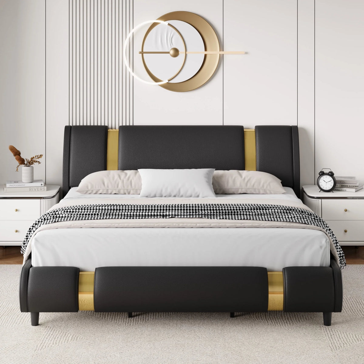 Full Size Leather Upholstered Platform Bed Frame with White Headboard Q702