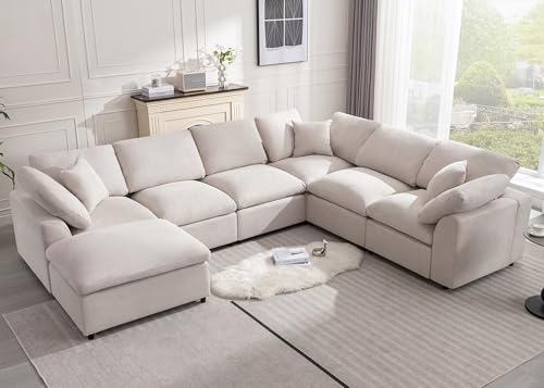Cream Modular Sectional Sofa with Ottoman 7 Seater L-Shaped B95981