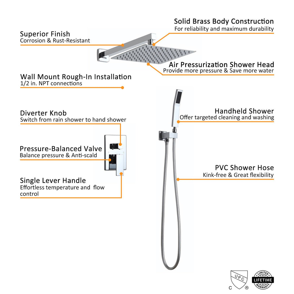 10x22 Rain Shower Head Handheld Shower Combo Set in Chrome Y870