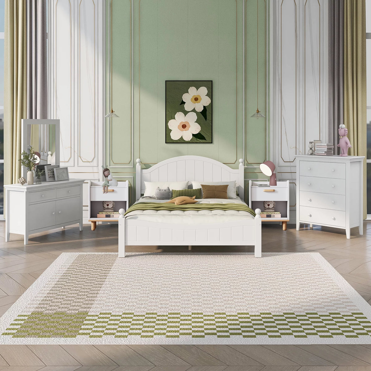 Queen Size Solid Wood Platform Bed with Headboard and Footboard White D386