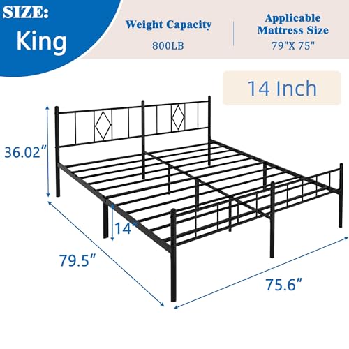 Black 14 Inch Metal Platform Bed Frame with Headboard R941