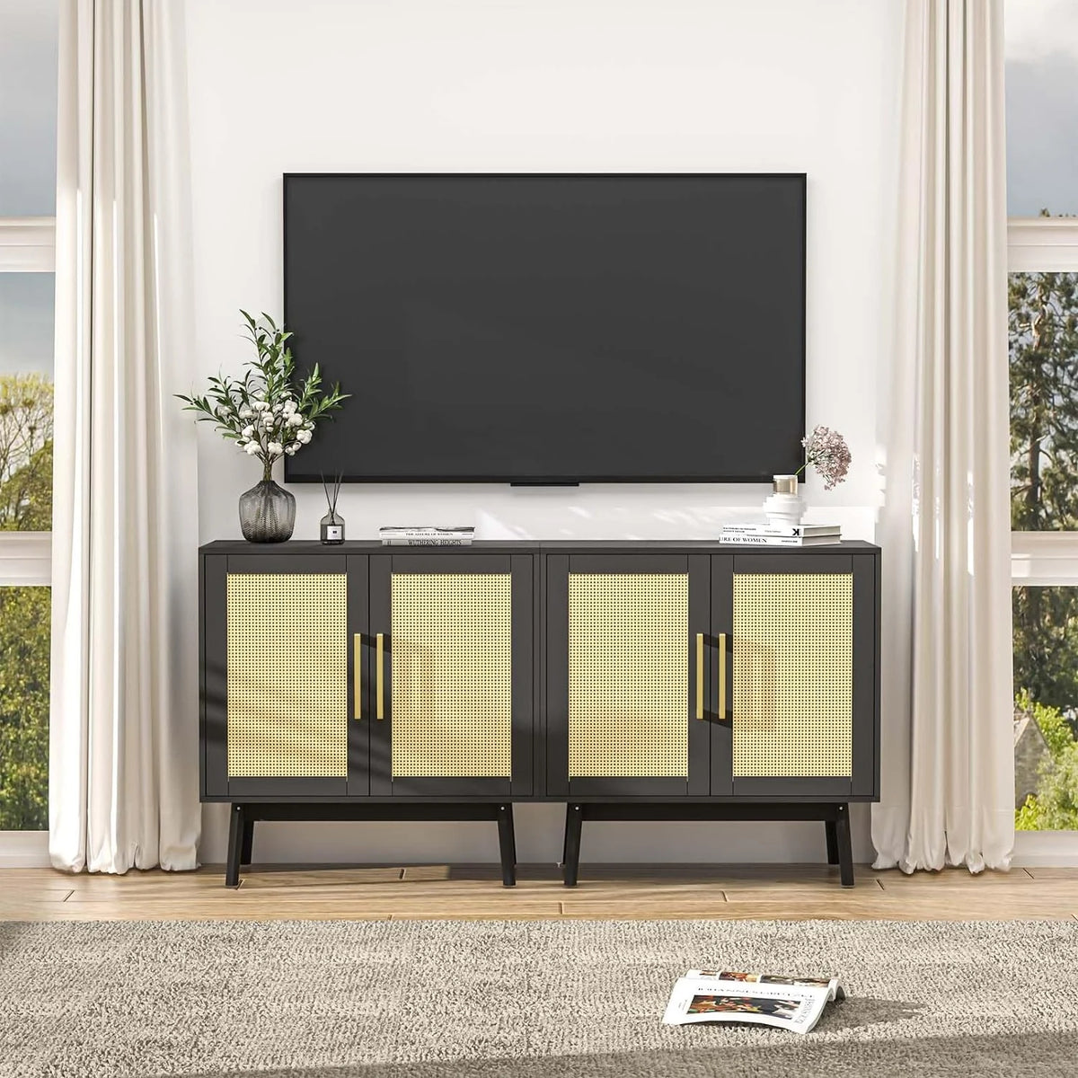 Black Rattan Storage Cabinet Set of 2 U791192