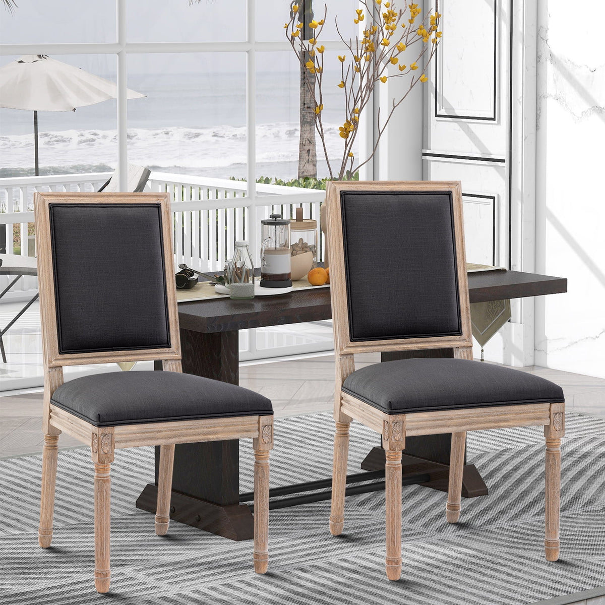 Grey Linen Upholstered Dining Chair Set of 2 with Wooden Legs Z756162
