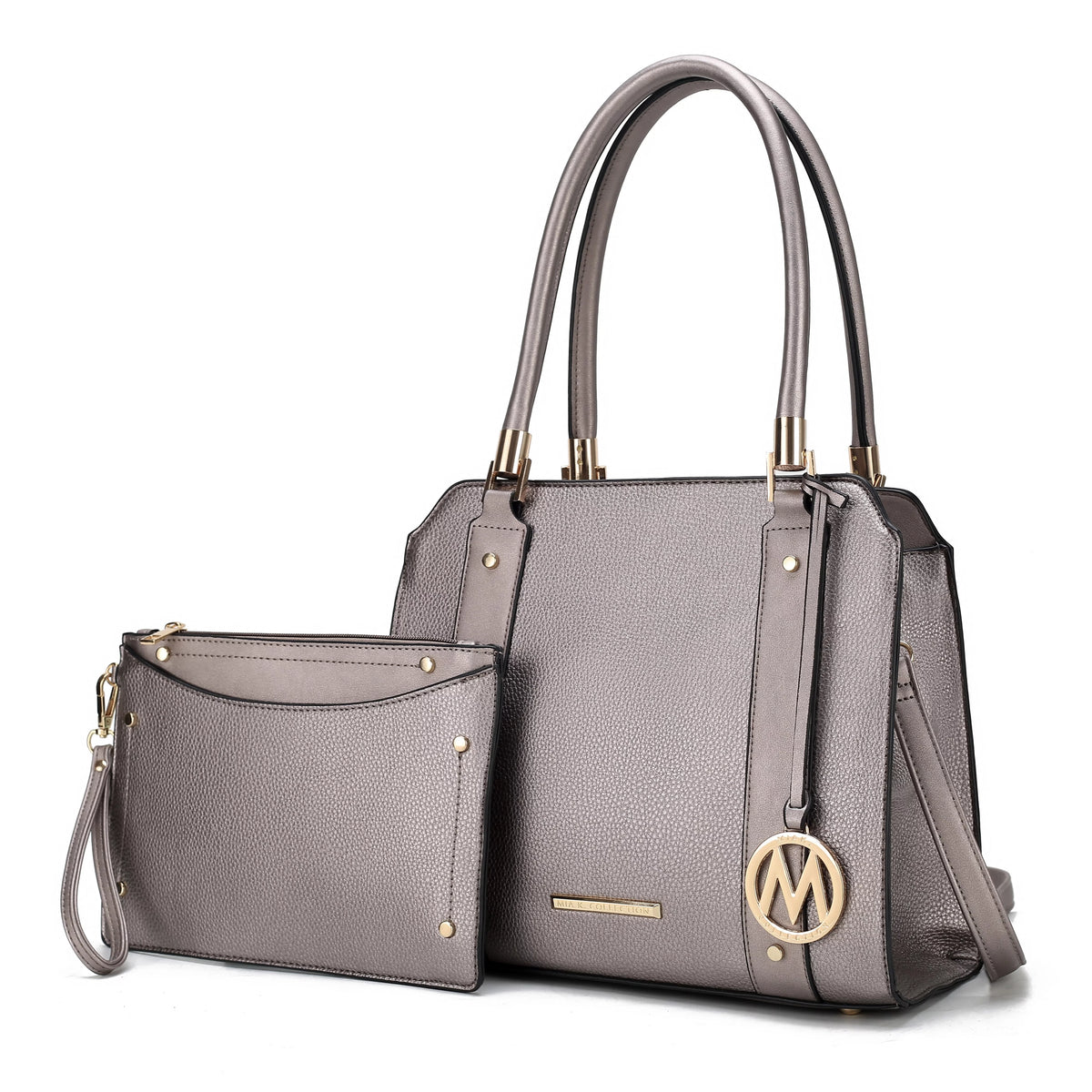 Pewter Vegan Leather Satchel Bag & Wristlet Wallet T401