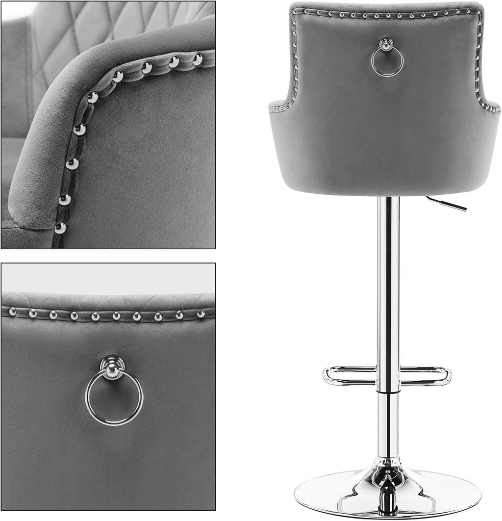 Gray Adjustable Swivel Velvet Bar Stool with Back S457456