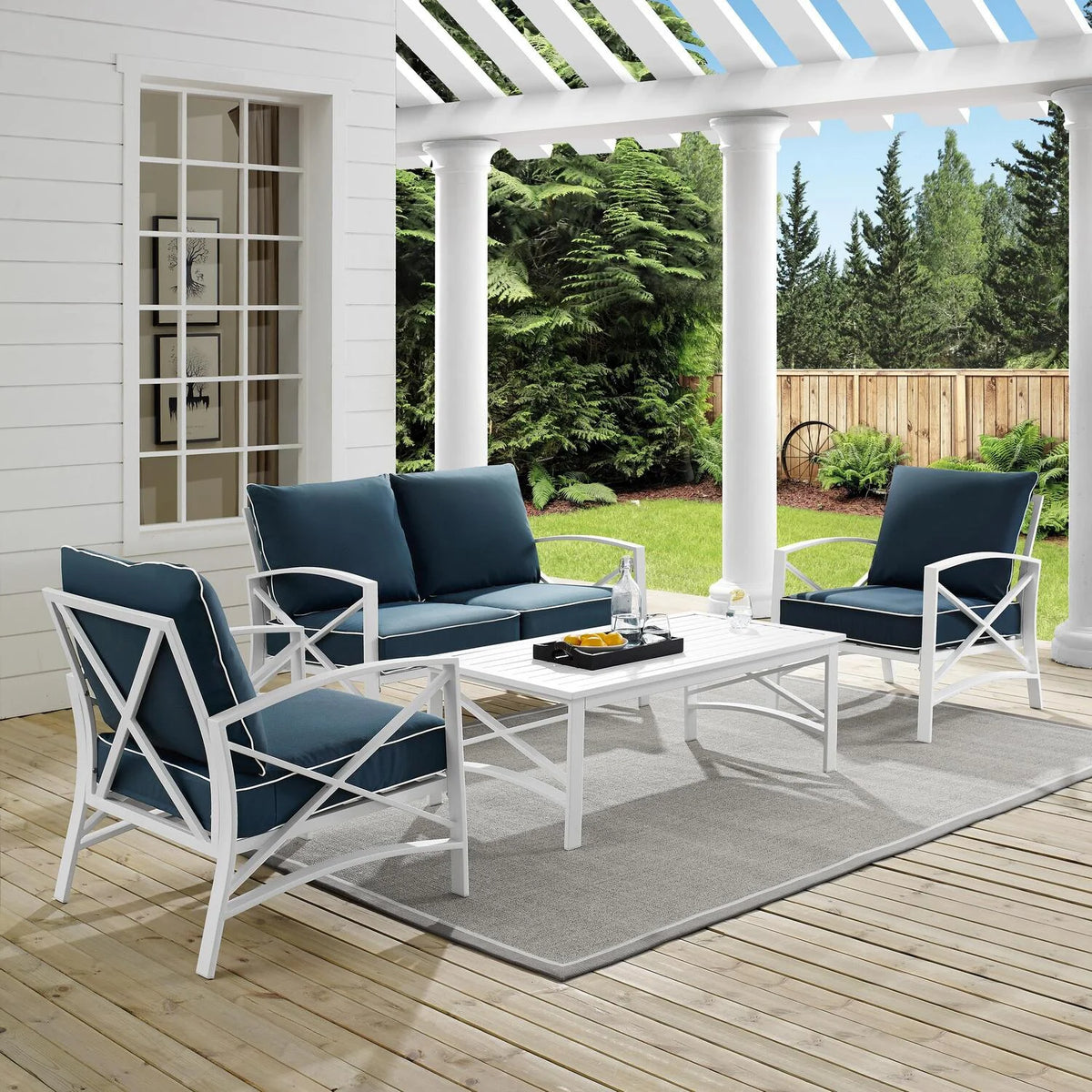 4 Pc Outdoor Metal Conversation Set Navy White Z115712