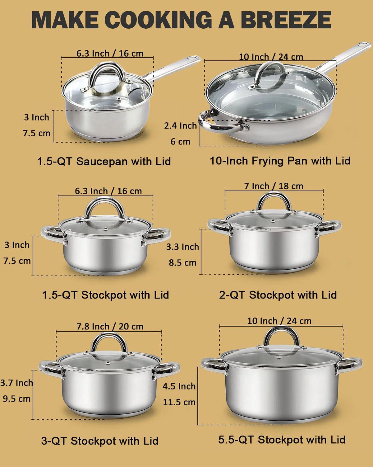12-Piece Stainless Steel Cookware Set with Silicone Handles U9414