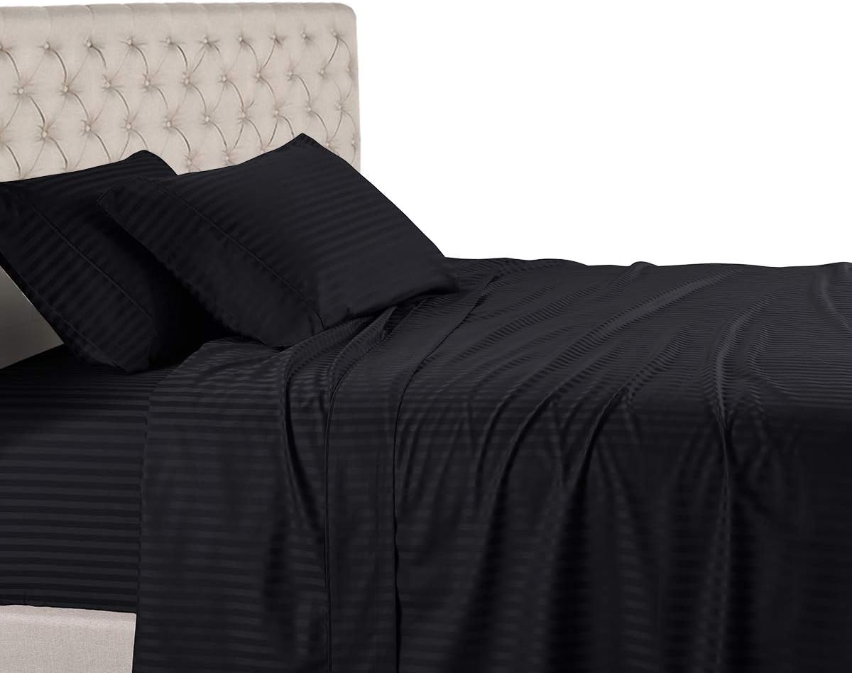 White 600 Thread Count 100% Cotton Sateen Stripe 4PC California King Size Bed Sheet Set H2778