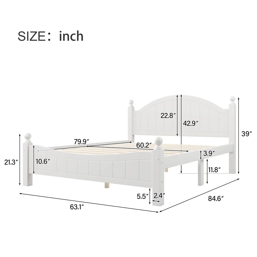 Queen Size Solid Wood Platform Bed with Headboard and Footboard White D386