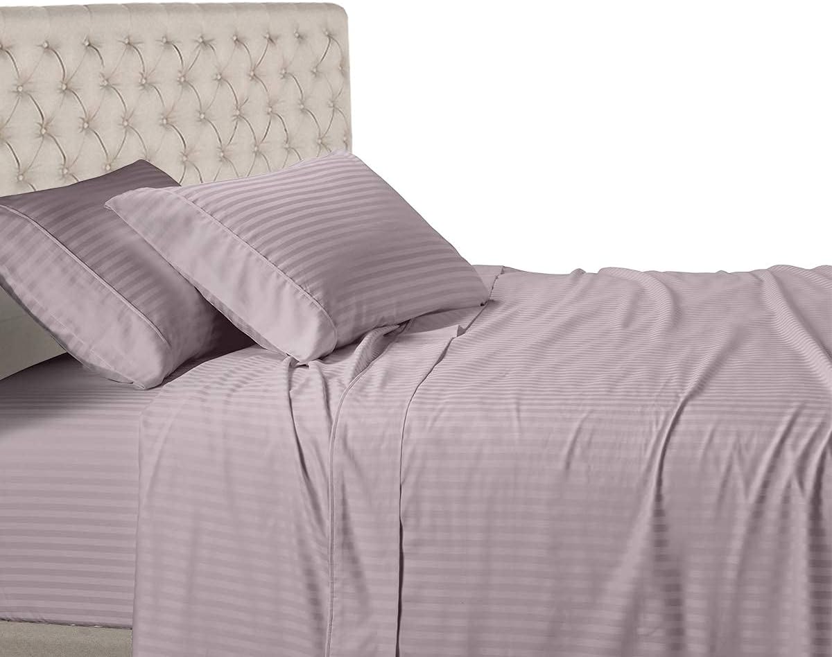 White 600 Thread Count 100% Cotton Sateen Stripe 4PC California King Size Bed Sheet Set H2778
