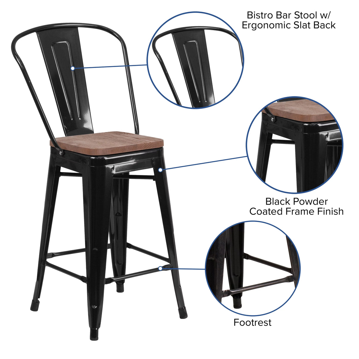 24 Inch Black Metal Counter Bar Stool with Wood Seat K7001