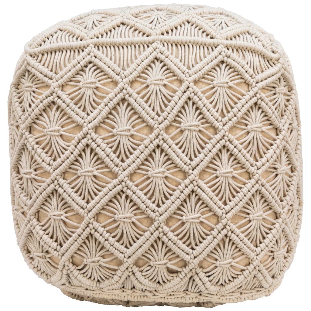 18" Beige Handmade Macramé Cotton Pouf Ottoman R8322