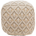 18" Beige Handmade Macramé Cotton Pouf Ottoman R8322