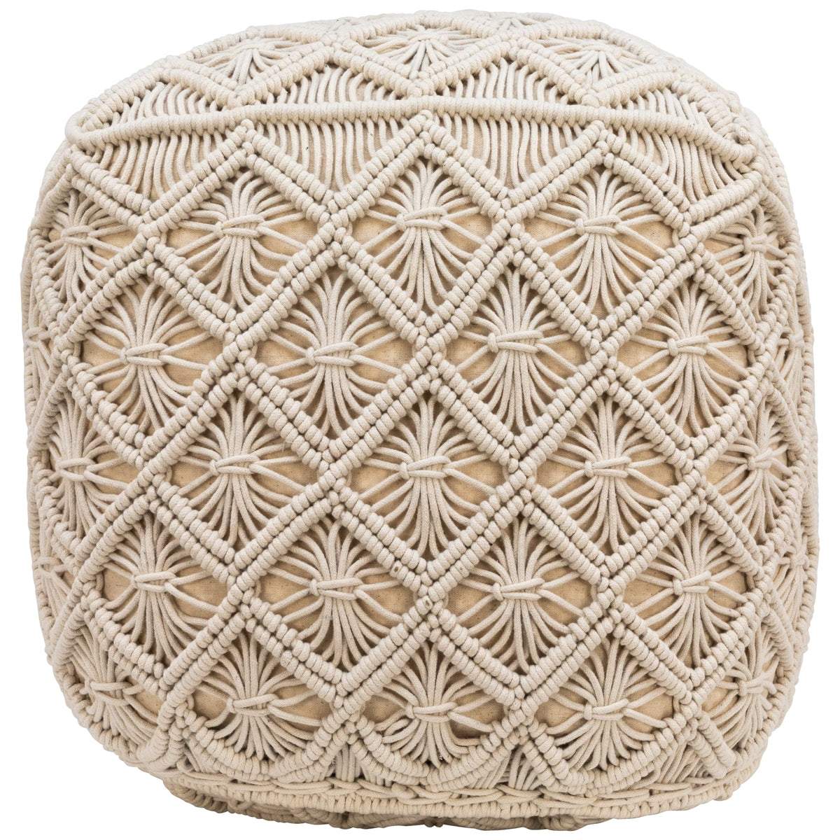 18" Beige Handmade Macramé Cotton Pouf Ottoman R8322