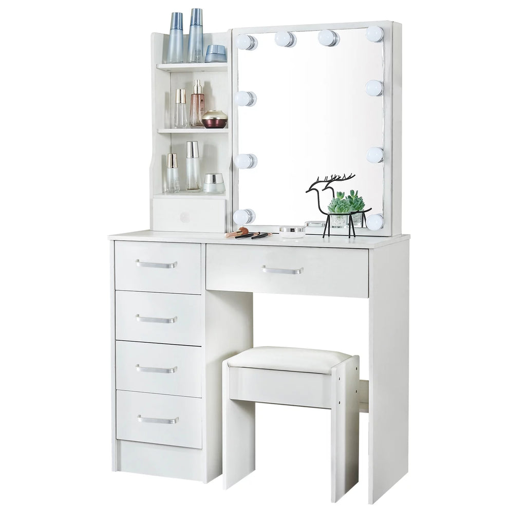 White Vanity Desk with LED Lighted Sliding Mirror and Stool T869