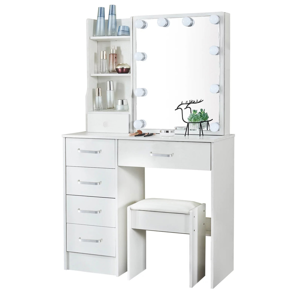 White Vanity Desk with LED Lighted Sliding Mirror and Stool T869