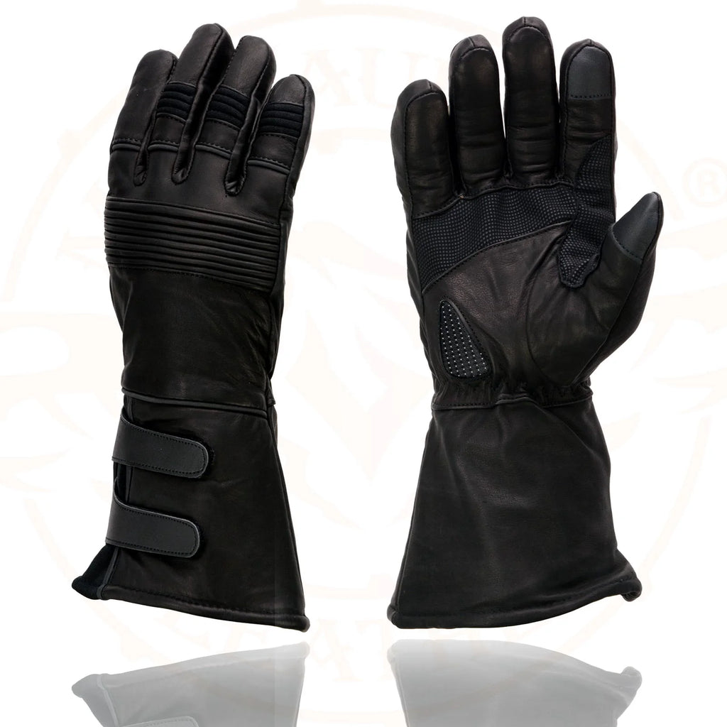 Black Cowhide Leather Gauntlet Motorcycle Gloves S51420