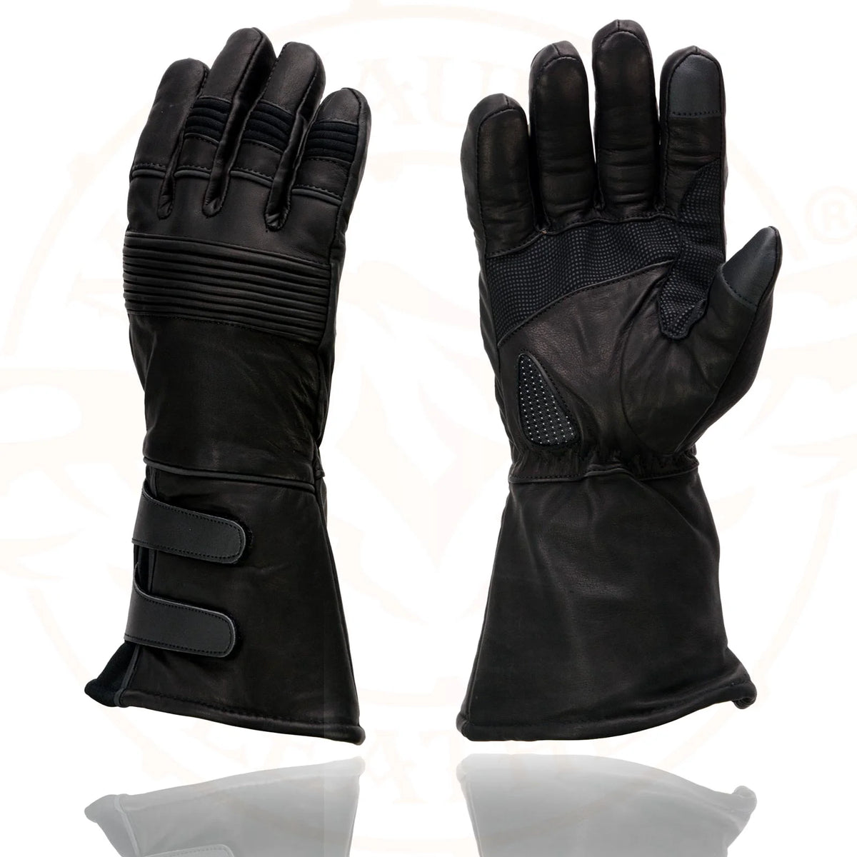 Black Cowhide Leather Gauntlet Motorcycle Gloves S51420