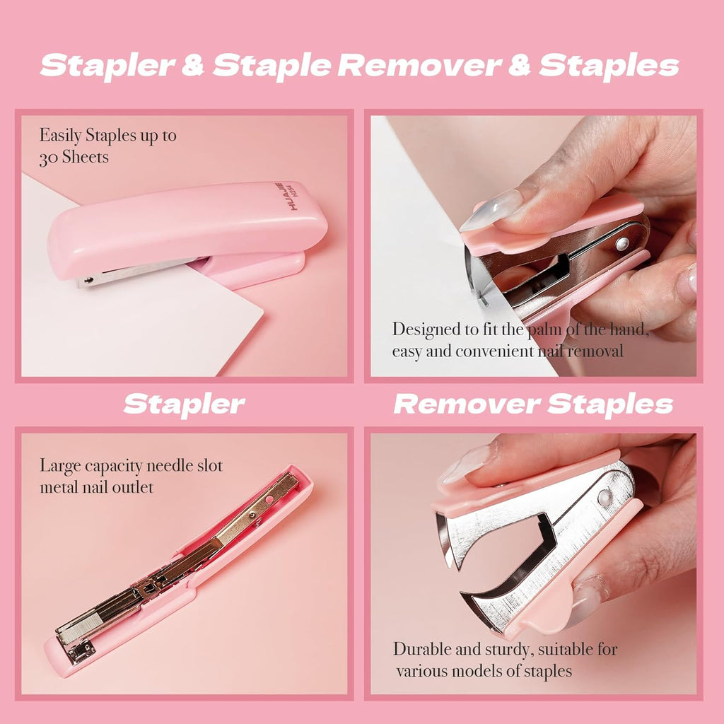 Pink Office Supplies Set with Stapler, Tape Dispenser, Pen Holder, 1000 Staples V34439