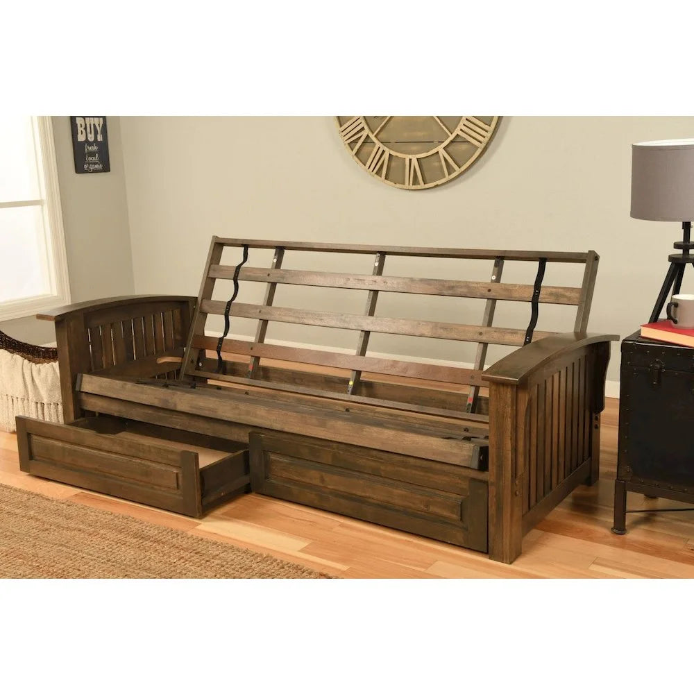 Walnut Full Size Futon Frame with Mattress & Storage Drawers U39836