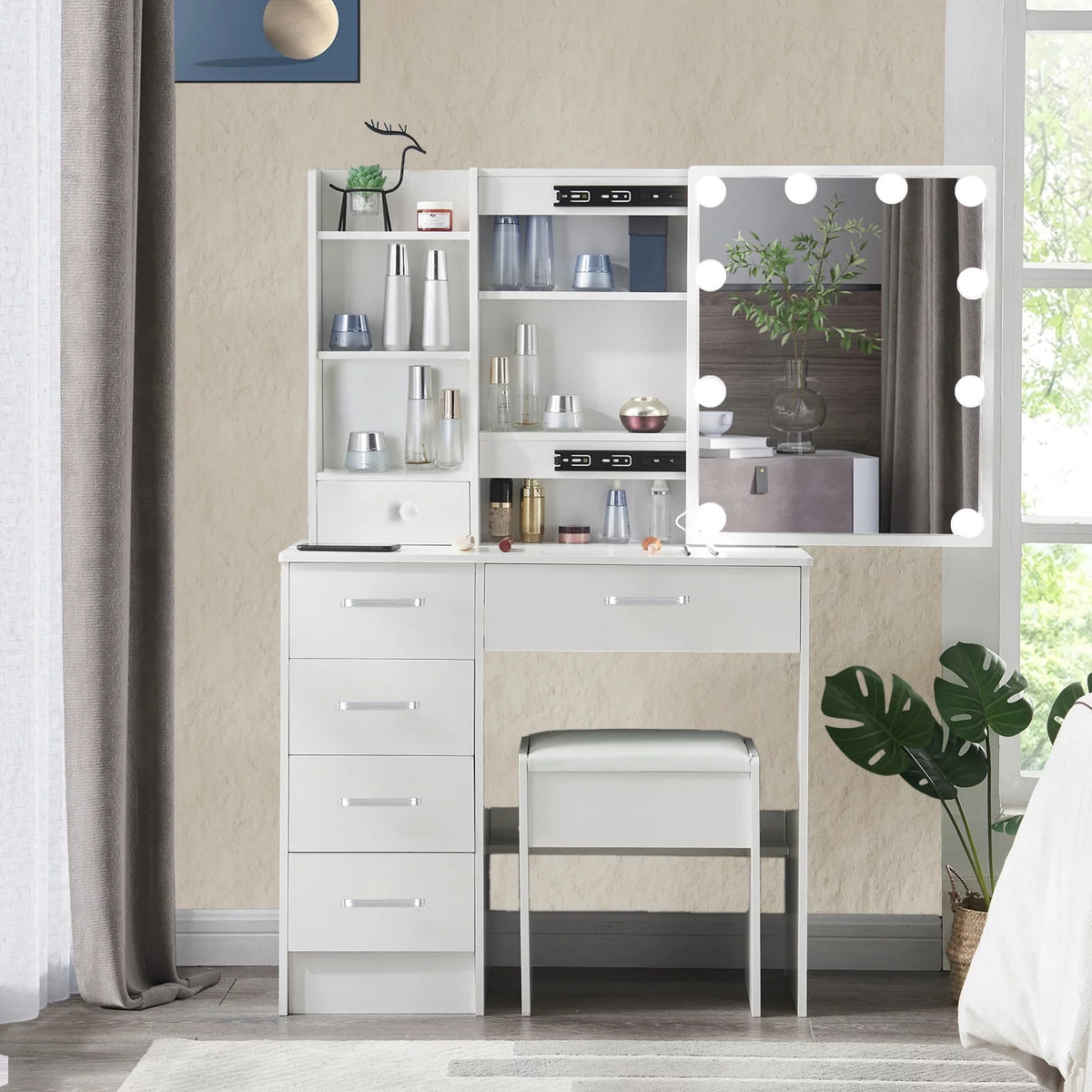 White Vanity Desk with LED Lighted Sliding Mirror and Stool T869
