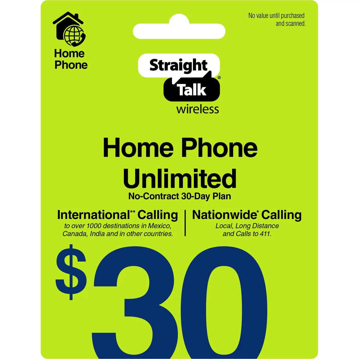 $30 Home Phone Unlimited International 30-Day Plan e-PIN Top Up P7232