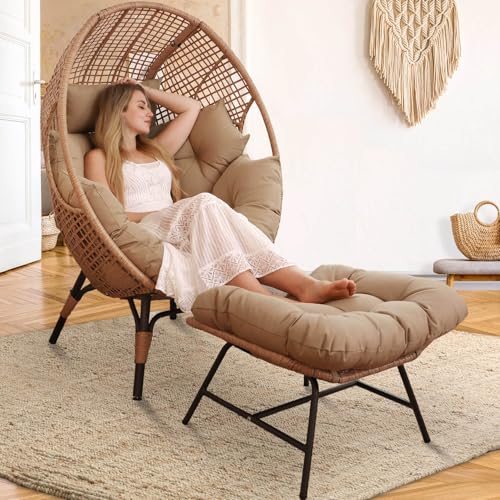 Oversized Wicker Egg Chair with Ottoman Gray Y1676