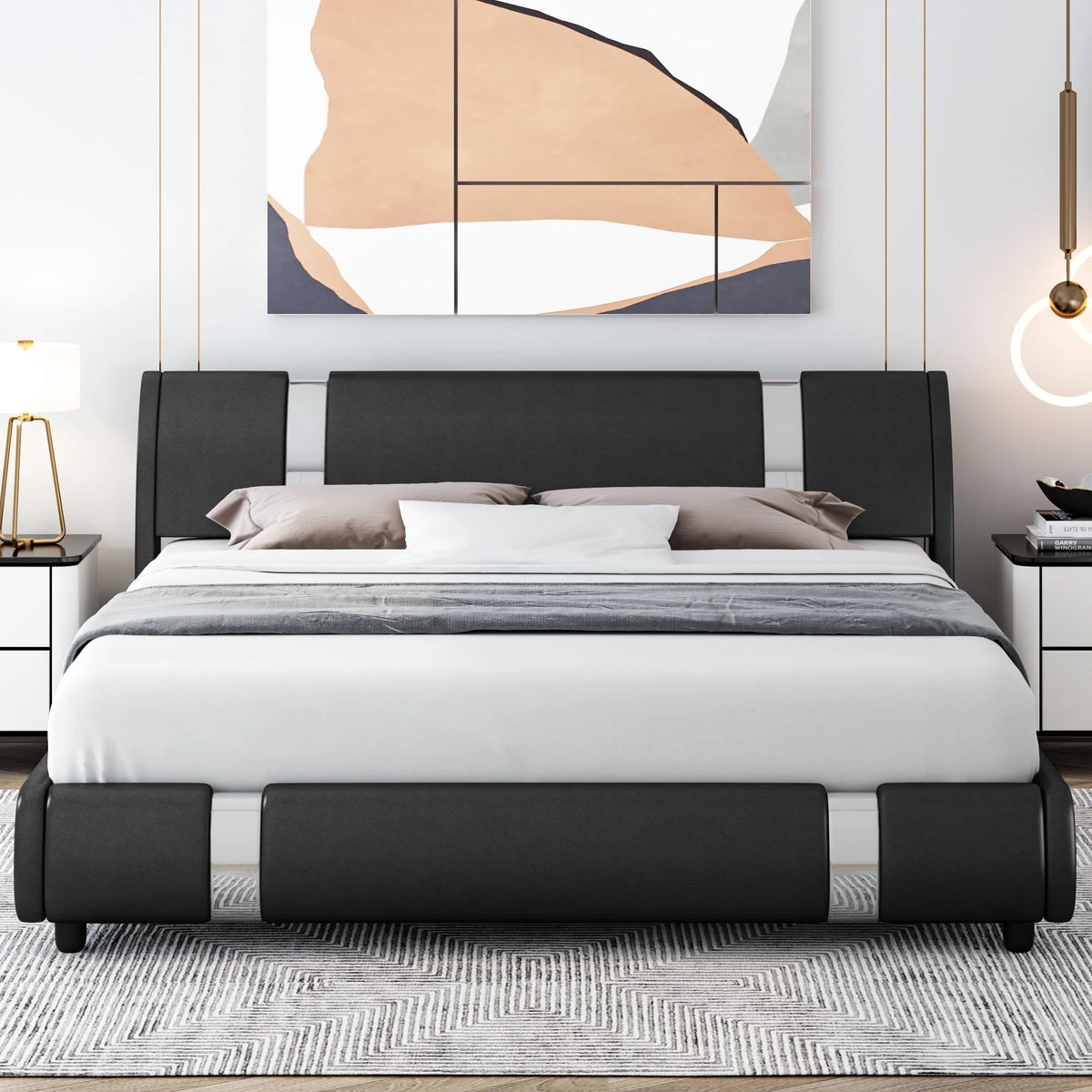 Full Size Leather Upholstered Platform Bed Frame with White Headboard Q702