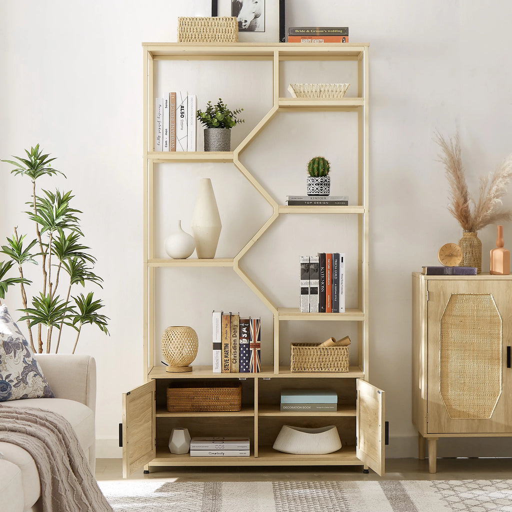 7 Tiers Wood Bookcase with Cabinet and Rattan Door S9088