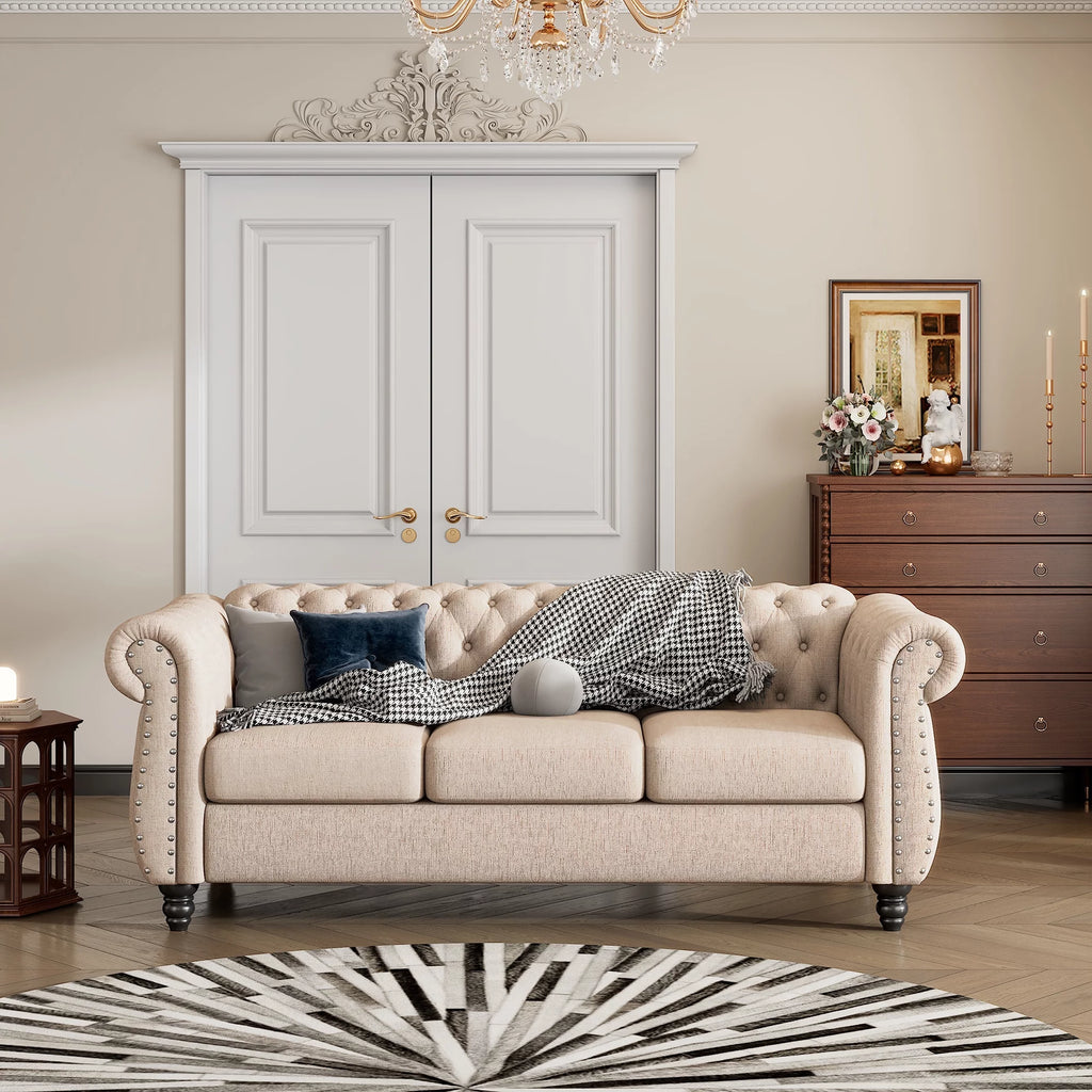 3 Seater Button Tufted Upholstered Sofa with Rolled Arms F156695