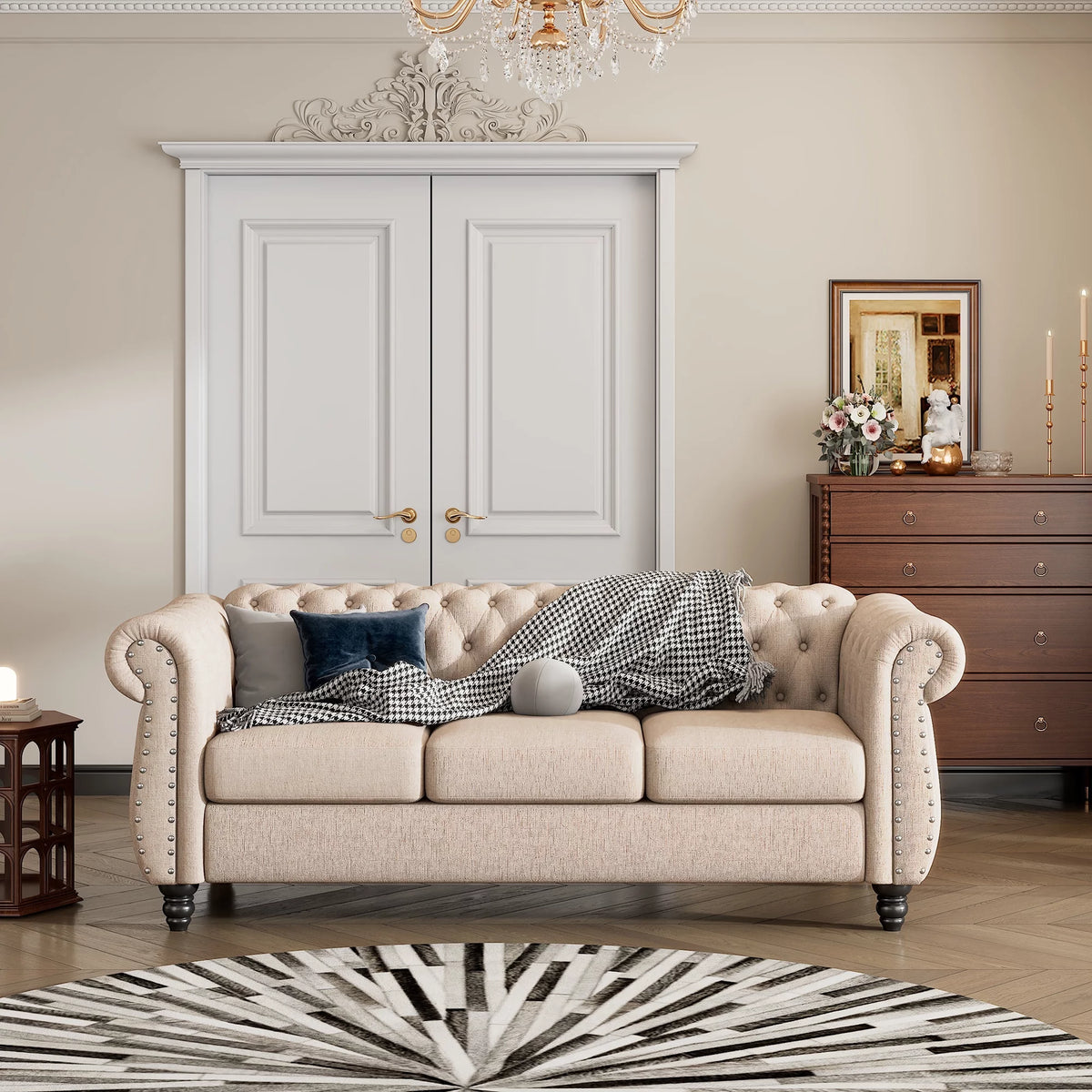 3 Seater Button Tufted Upholstered Sofa with Rolled Arms F156695