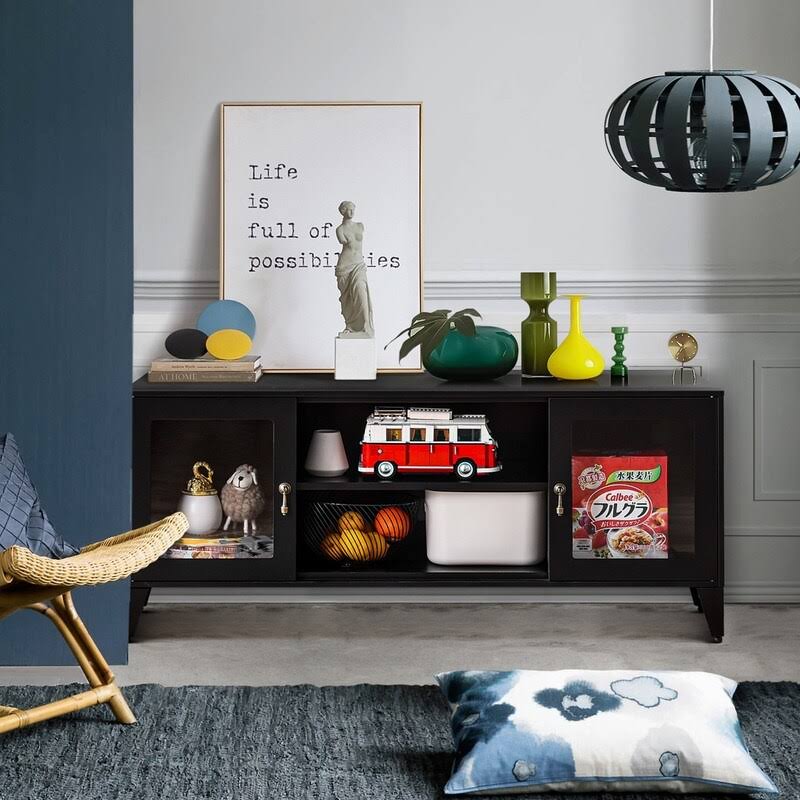 Black TV Stand with 3 Open Shelf and 2 Doors N86793
