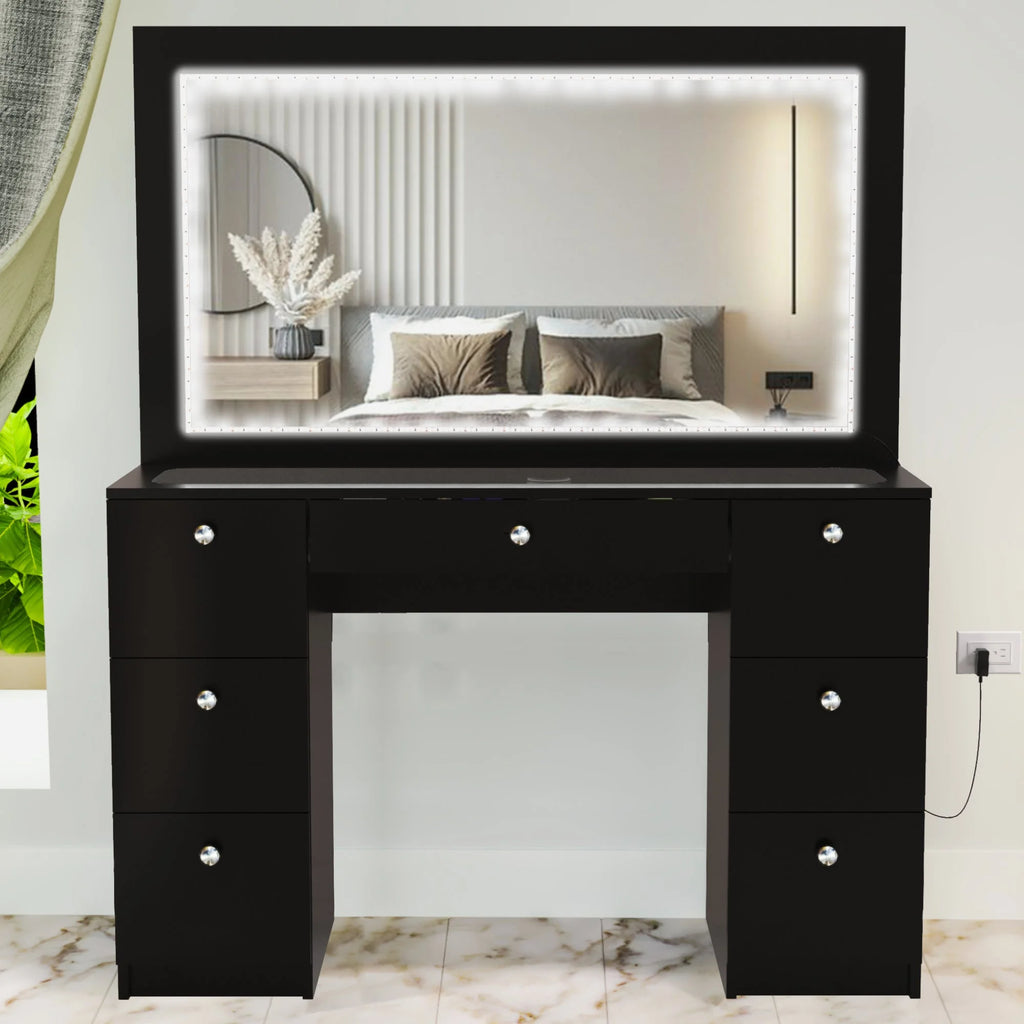 Modern Black Vanity Desk with LED Lights, 7 Drawers, Mirror X790