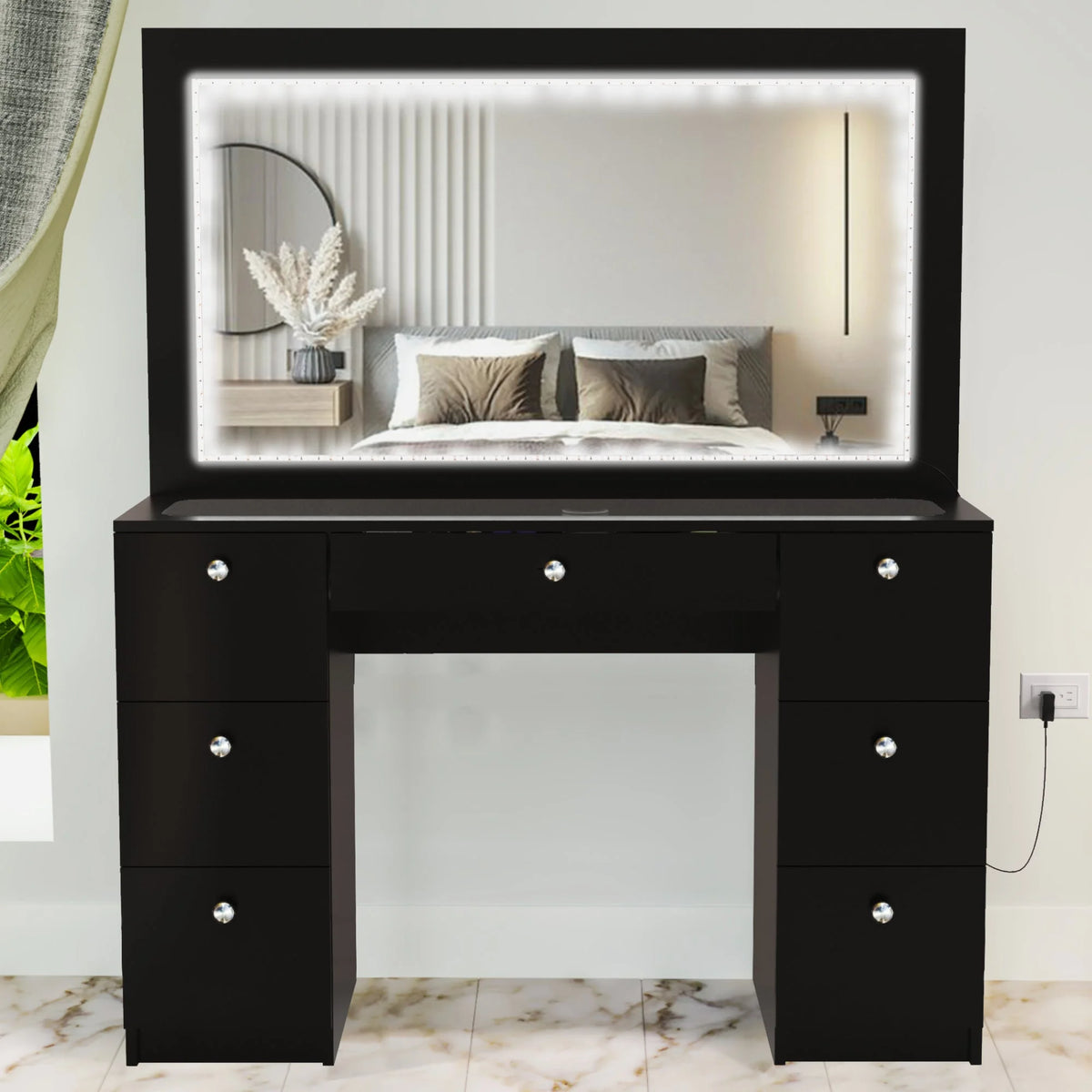 Modern Black Vanity Desk with LED Lights, 7 Drawers, Mirror X790