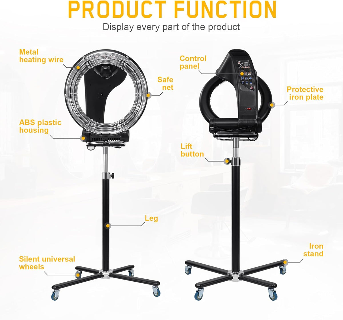 3 in 1 Professional Orbiting Hair Dryer Hair Color Processor, 110V 950W Adjustable Height Standing Salon Hair Dryers on Wheels Black P153