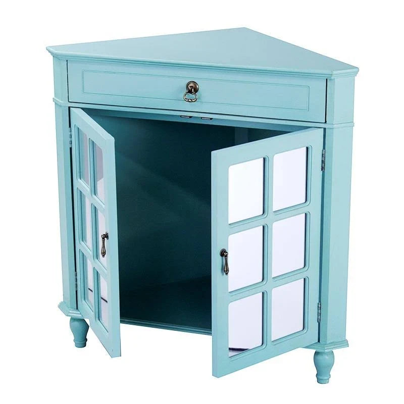 Light Blue Wood Mirrored Glass Corner Cabinet with A Drawer and 2 Doors V979