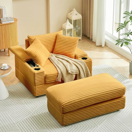 Oversized Corduroy Chaise Lounge Chair with Ottoman and Cup Holder N52132