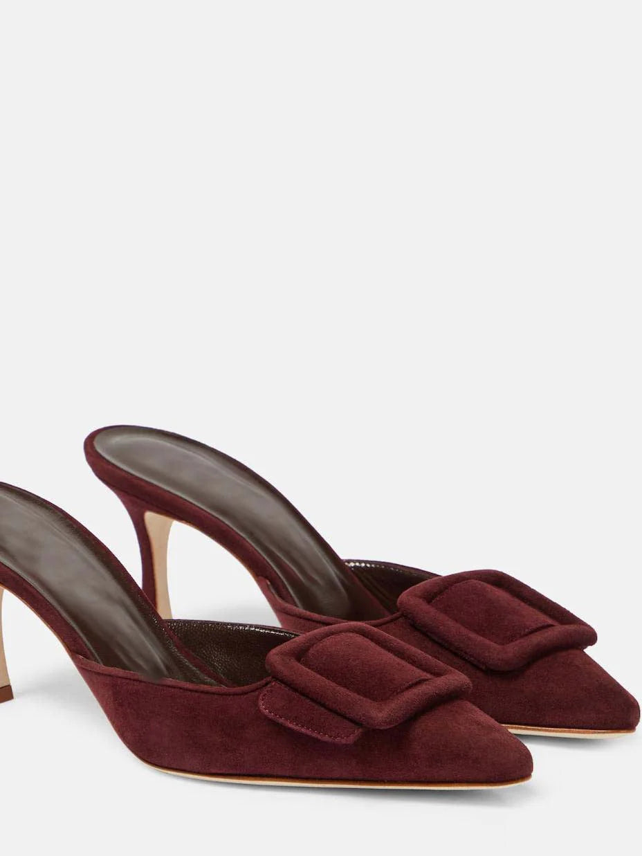 Cow Suede Belt Buckle Pointed Toe Stiletto Heel Pumps I4811