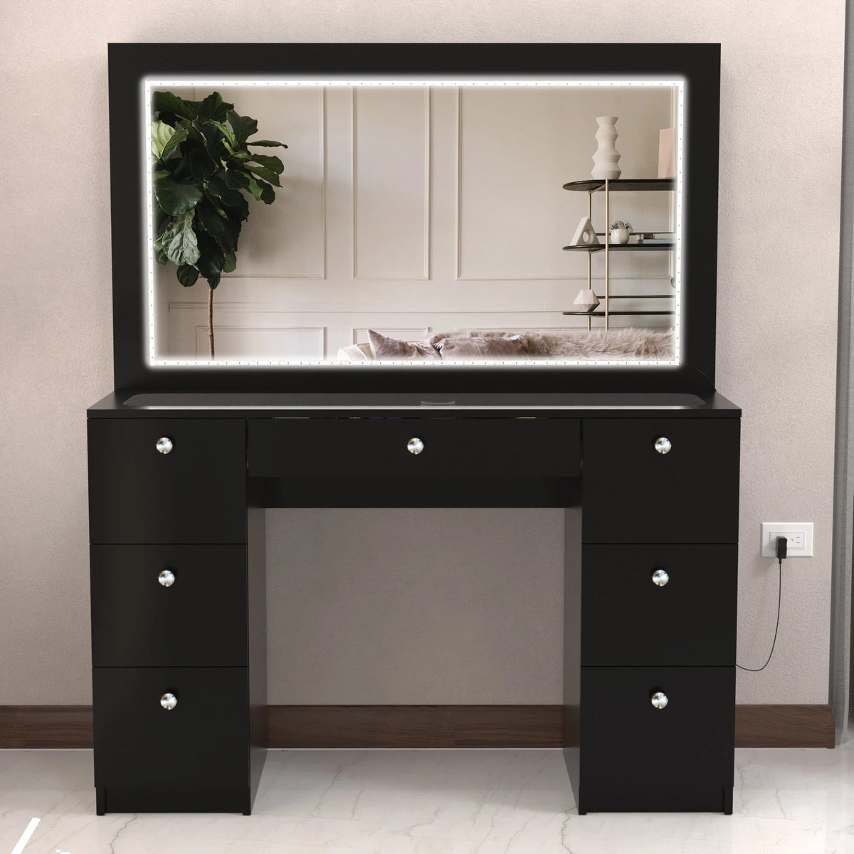 Modern Black Vanity Desk with LED Lights, 7 Drawers, Mirror X790
