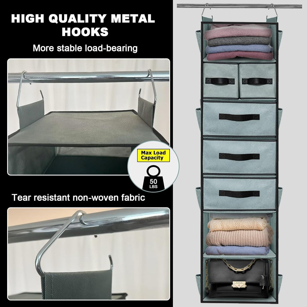 Grey Hanging Closet Organizer with 7 Shelves, 5 Drawers, 6 Side Pockets N429