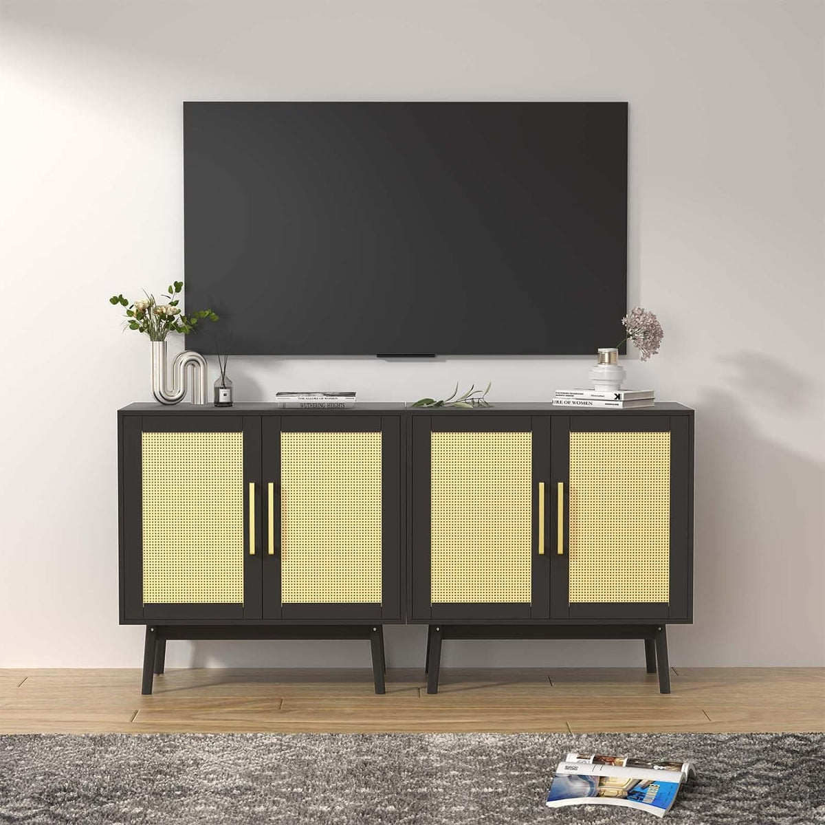Black Rattan Storage Cabinet Set of 2 U791192
