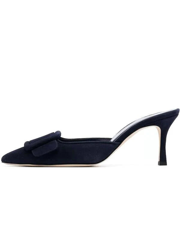 Cow Suede Belt Buckle Pointed Toe Stiletto Heel Pumps I4811