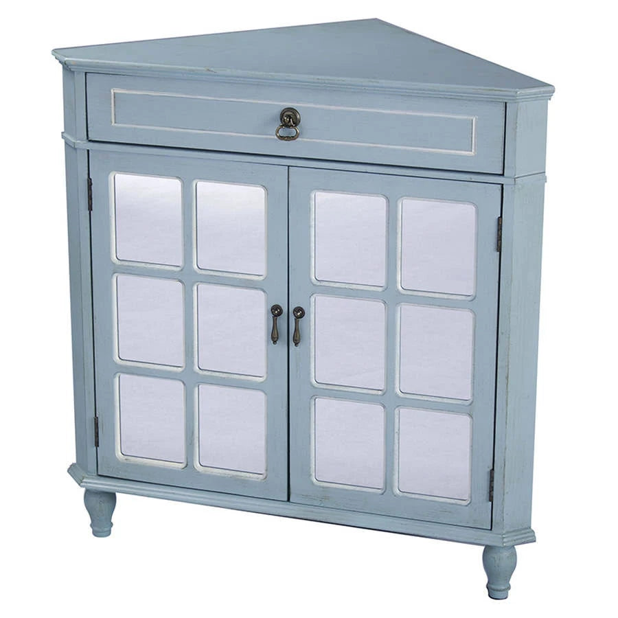 Light Blue Wood Mirrored Glass Corner Cabinet with A Drawer and 2 Doors V979