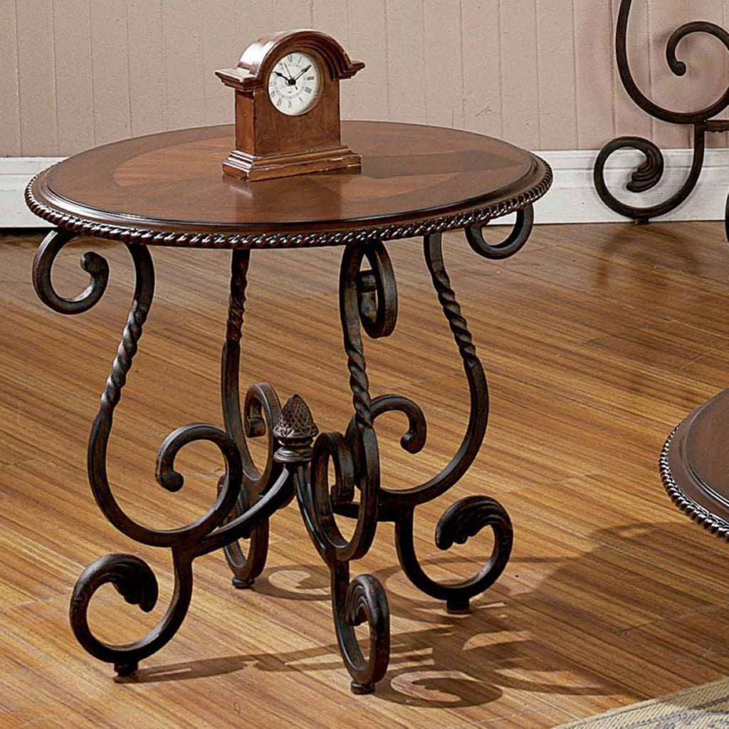 Cherry Wood and Metal Round End Table H38155