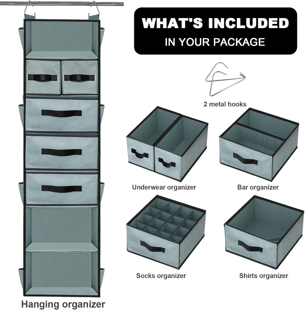 Grey Hanging Closet Organizer with 7 Shelves, 5 Drawers, 6 Side Pockets N429