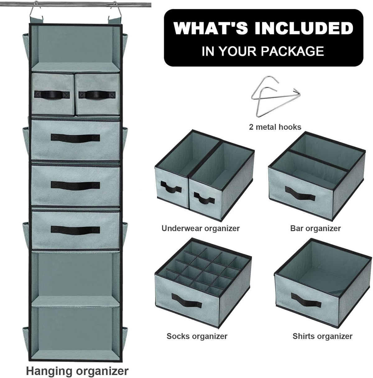 Grey Hanging Closet Organizer with 7 Shelves, 5 Drawers, 6 Side Pockets N429